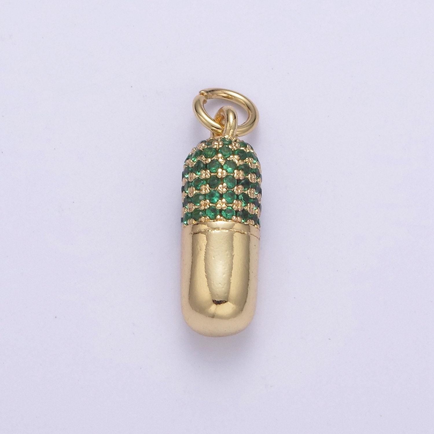 Green pink cz micro pave pill shape pendant 14k gold filled pill charm, necklace bracelet charm 20x6mm c-592 / c-594
