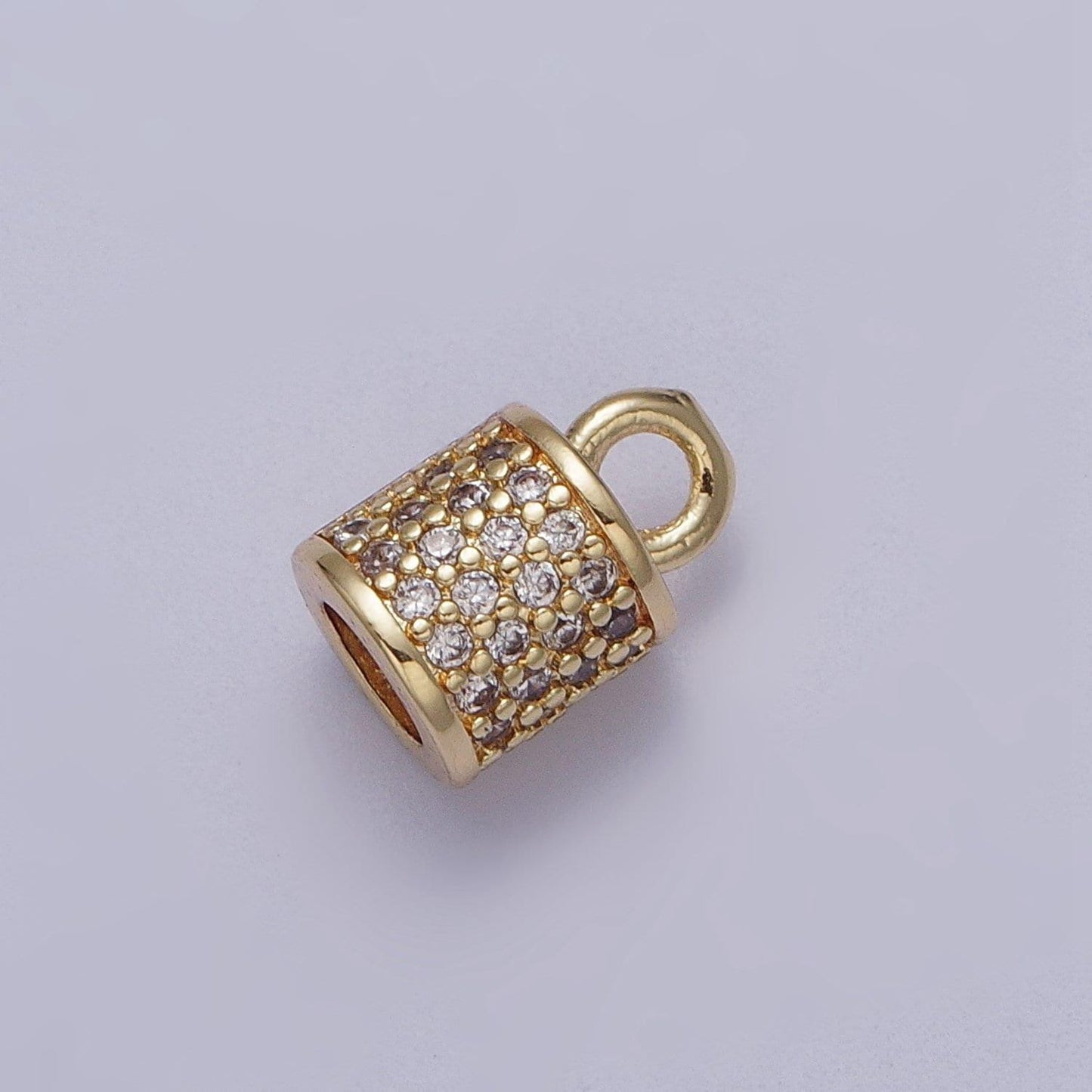 Clear micro paved surround cylinder tube mini gold charm | c586