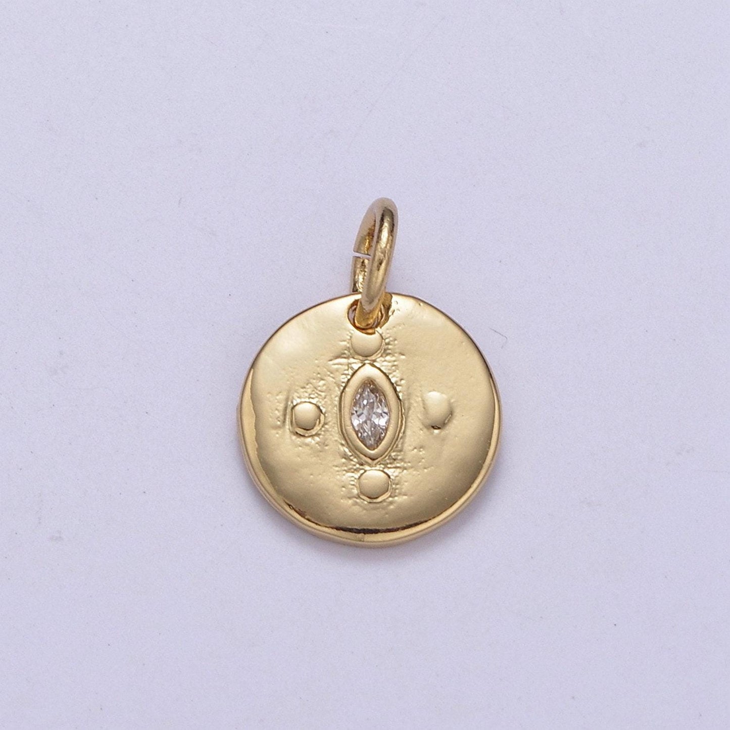 Mini gold round coin charm with clear eye cz stone c-578