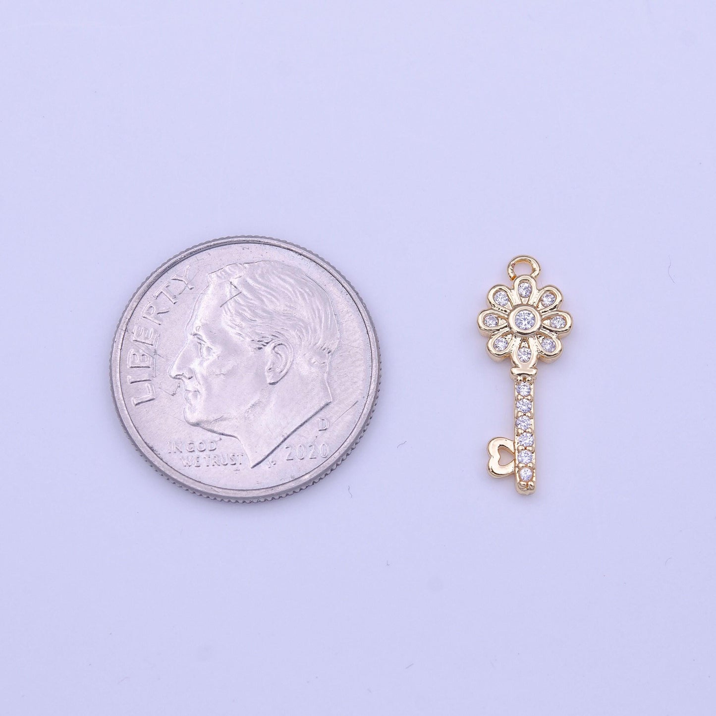 Mini gold key charm clear micro paved cz flower heart key lock gold charm | c580