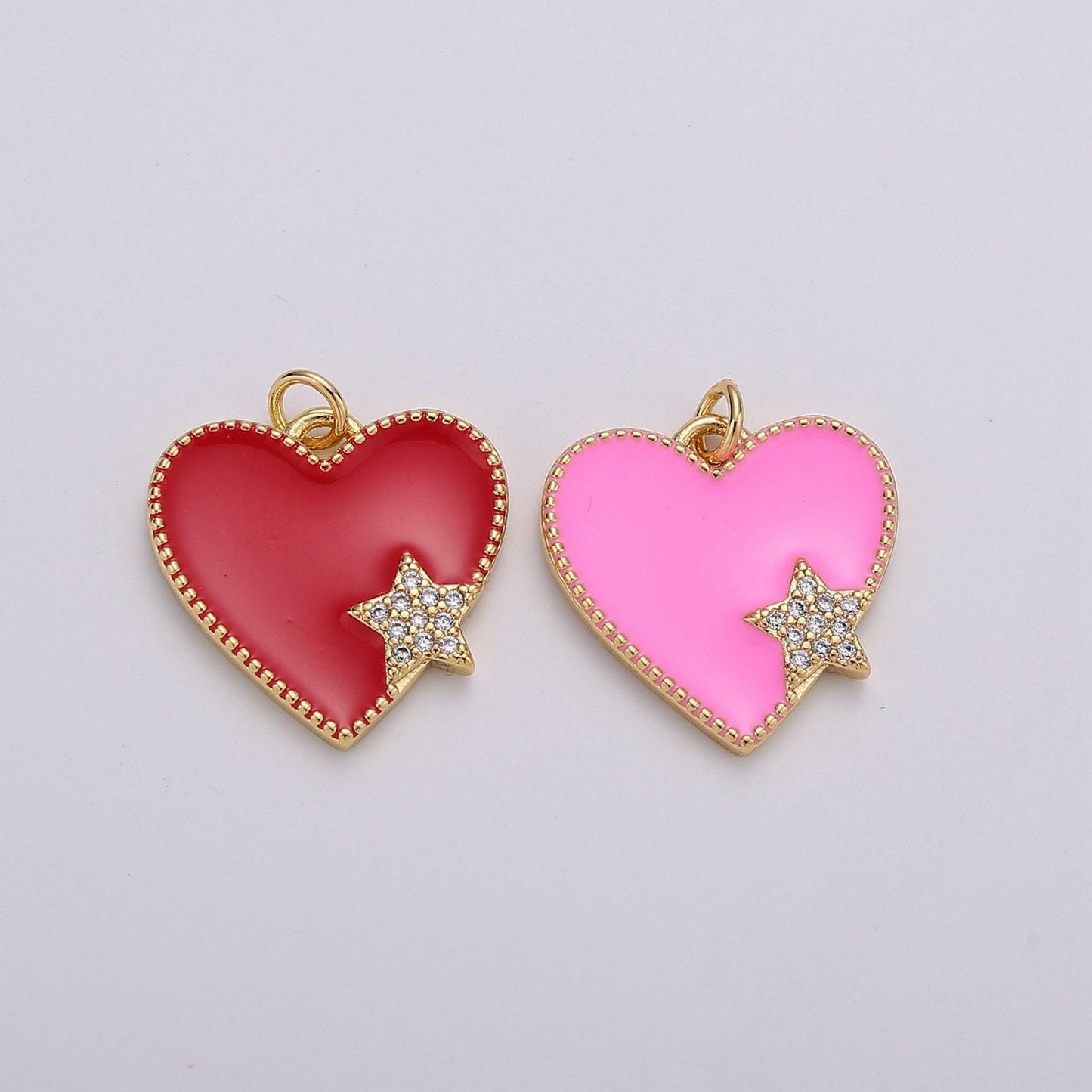 Pink enamel heart charm pendant, red enamel heart pendant, 14k gold star heart jewelry making supply
