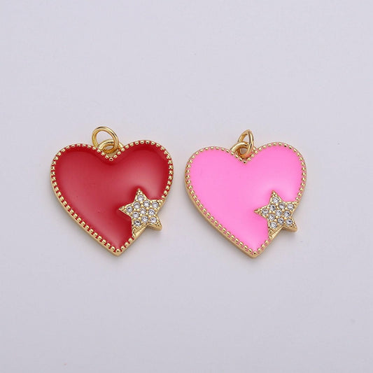 Pink enamel heart charm pendant, red enamel heart pendant, 14k gold star heart jewelry making supply