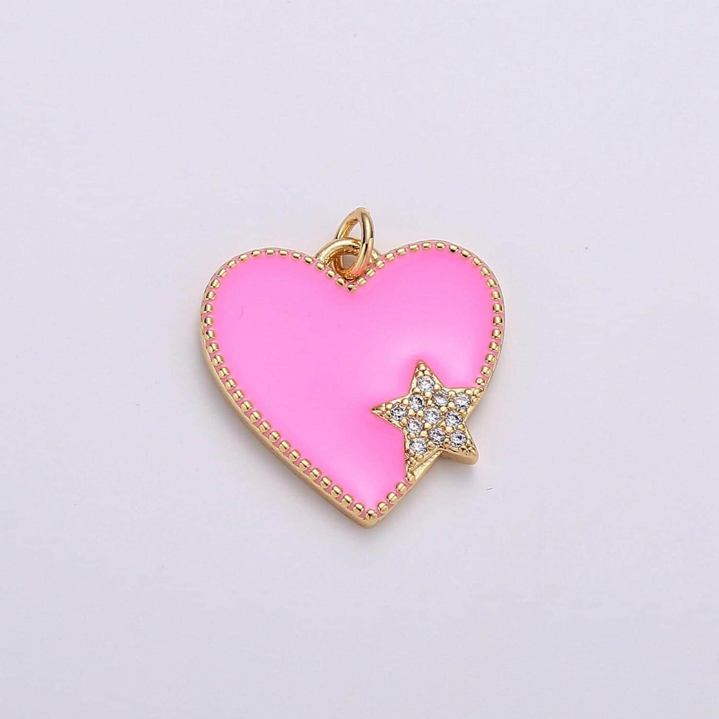 Pink enamel heart charm pendant, red enamel heart pendant, 14k gold star heart jewelry making supply