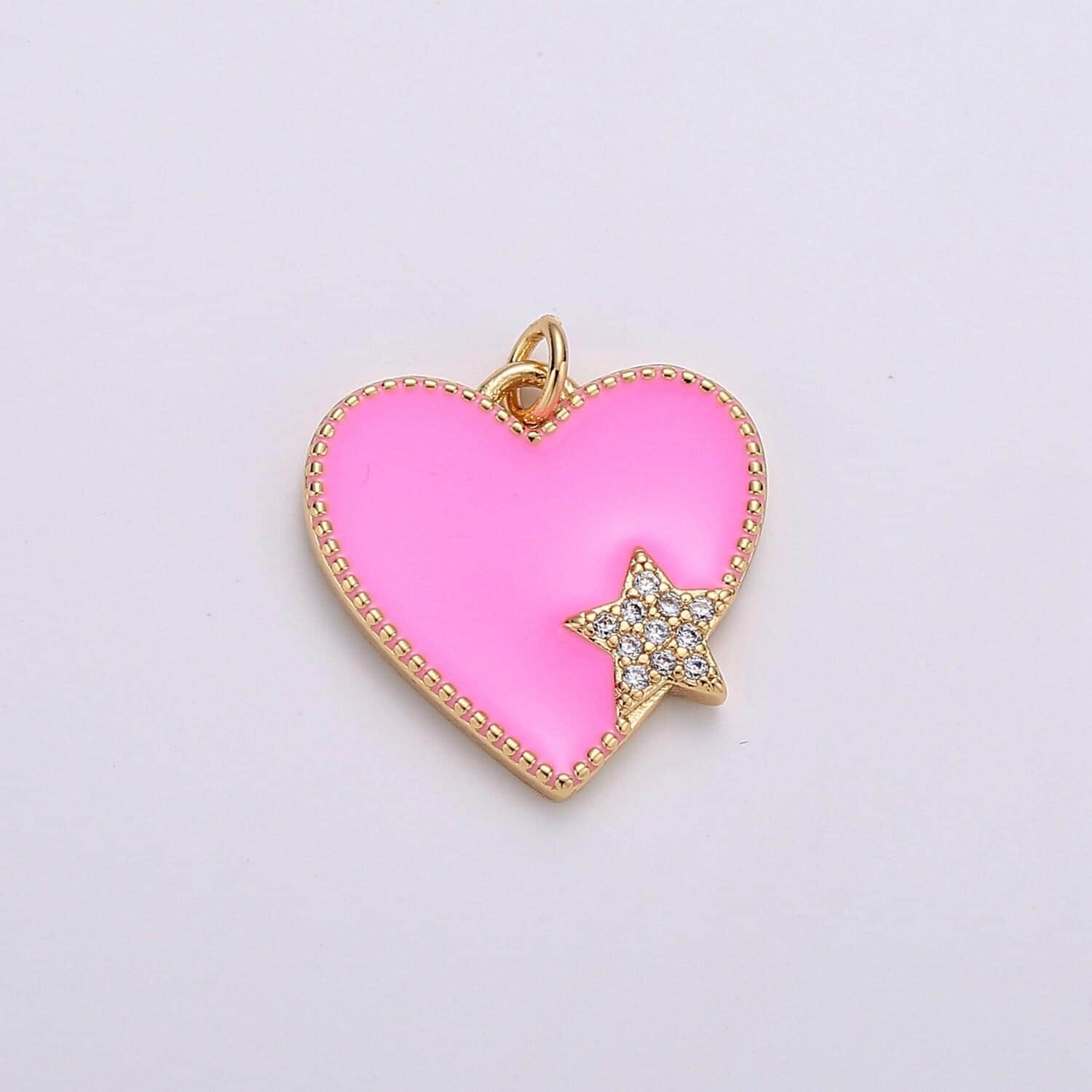 Pink enamel heart charm pendant, red enamel heart pendant, 14k gold star heart jewelry making supply