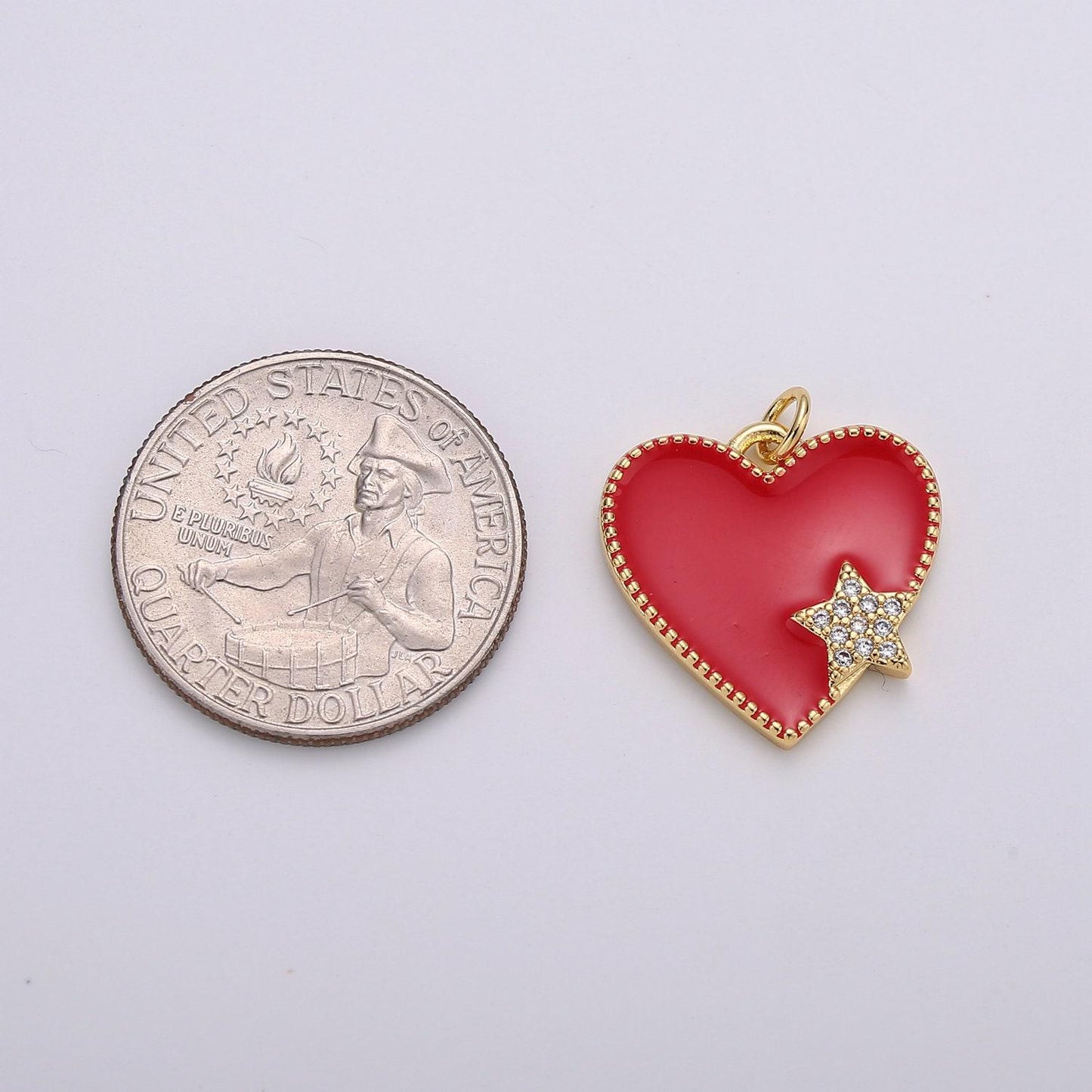 Pink enamel heart charm pendant, red enamel heart pendant, 14k gold star heart jewelry making supply