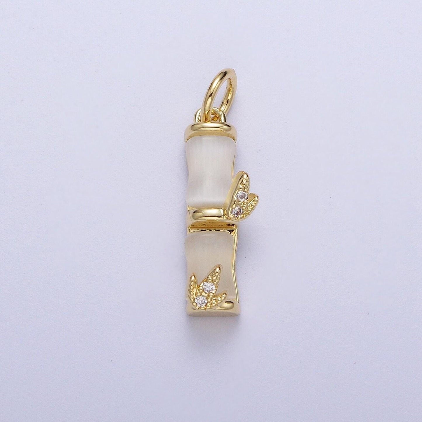 Gold off white cat's eye bamboo pendant, 14k gold plated micro paved cz bamboo leaf natural cat's eye gemstone charm | c-444, c-521
