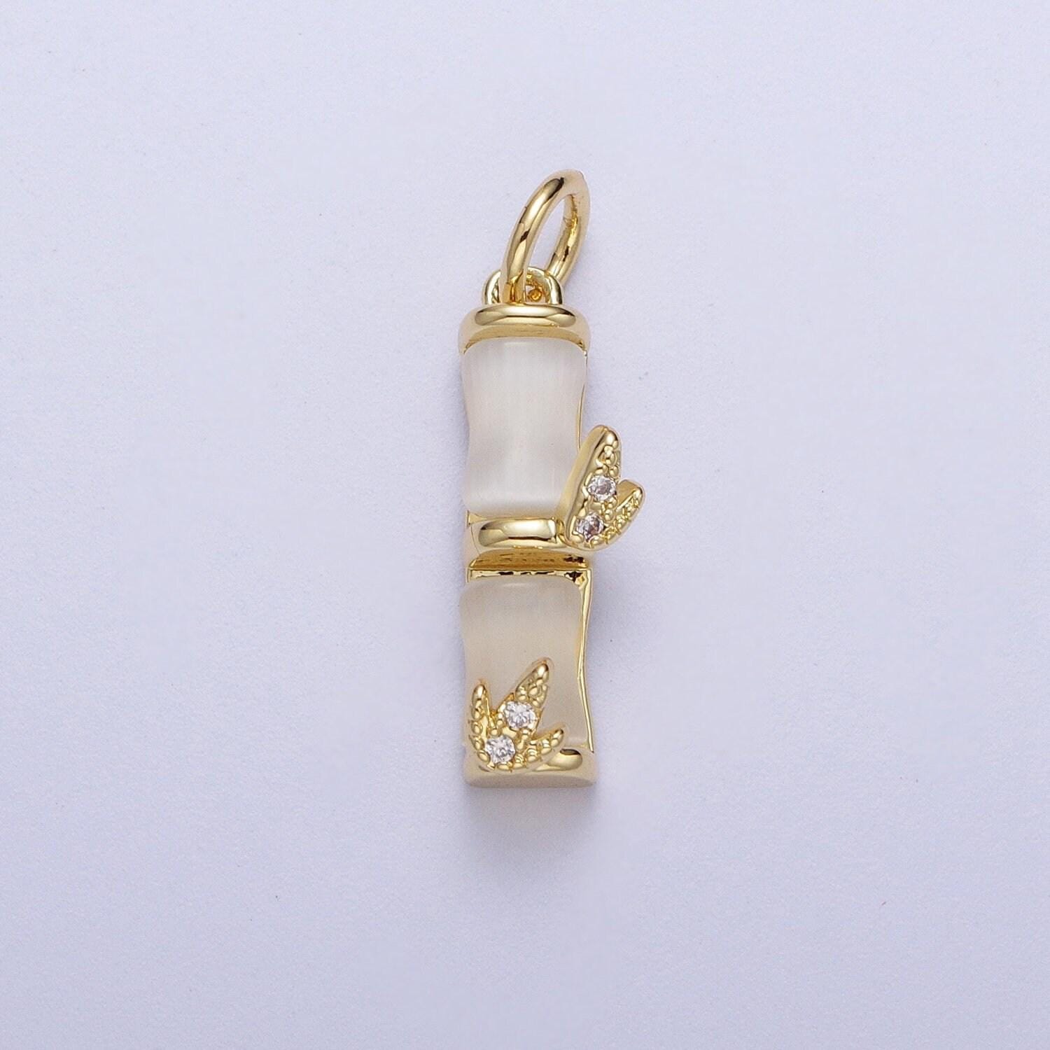 Gold off white cat's eye bamboo pendant, 14k gold plated micro paved cz bamboo leaf natural cat's eye gemstone charm | c-444, c-521