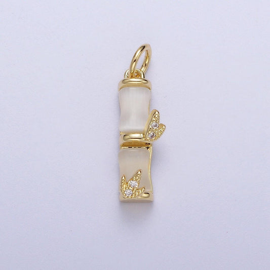 Gold off white cat's eye bamboo pendant, 14k gold plated micro paved cz bamboo leaf natural cat's eye gemstone charm | c-444, c-521