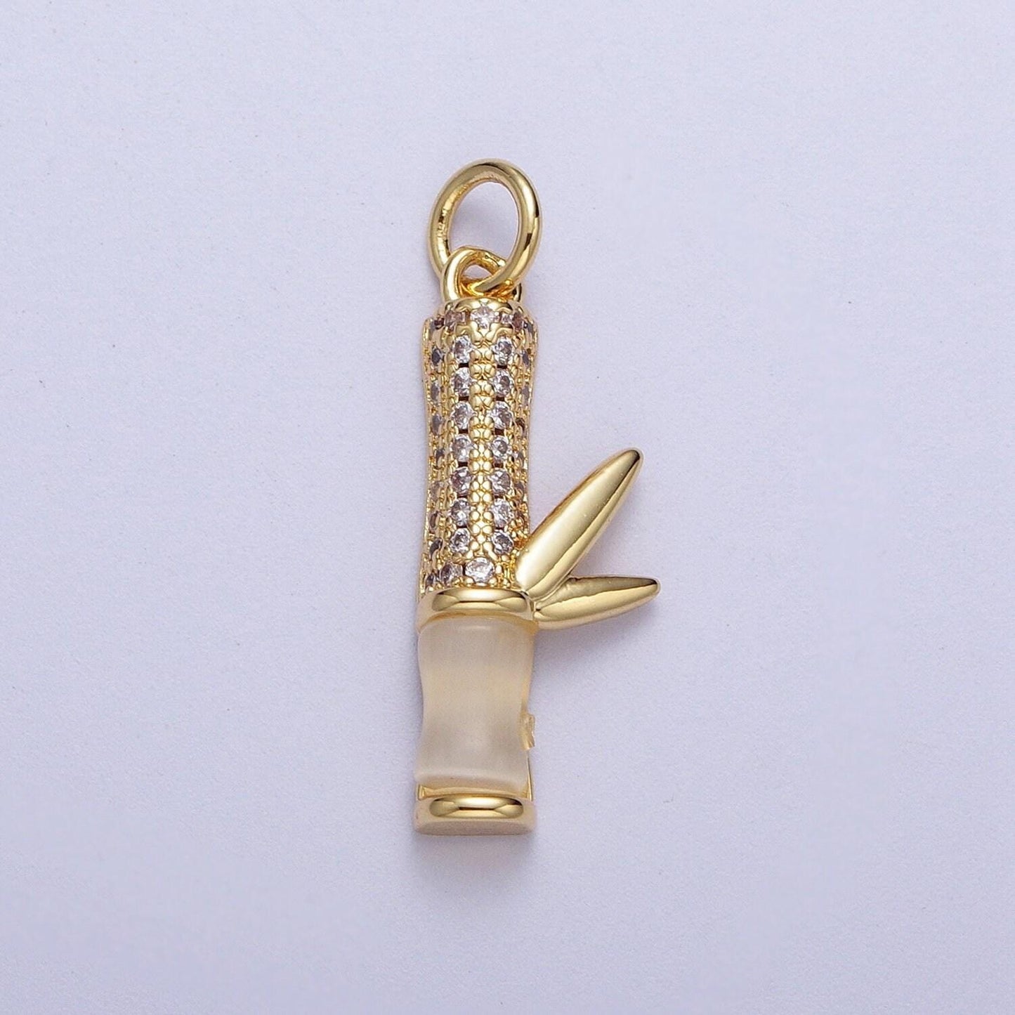 Gold off white cat's eye bamboo pendant, 14k gold plated micro paved cz bamboo leaf natural cat's eye gemstone charm | c-444, c-521