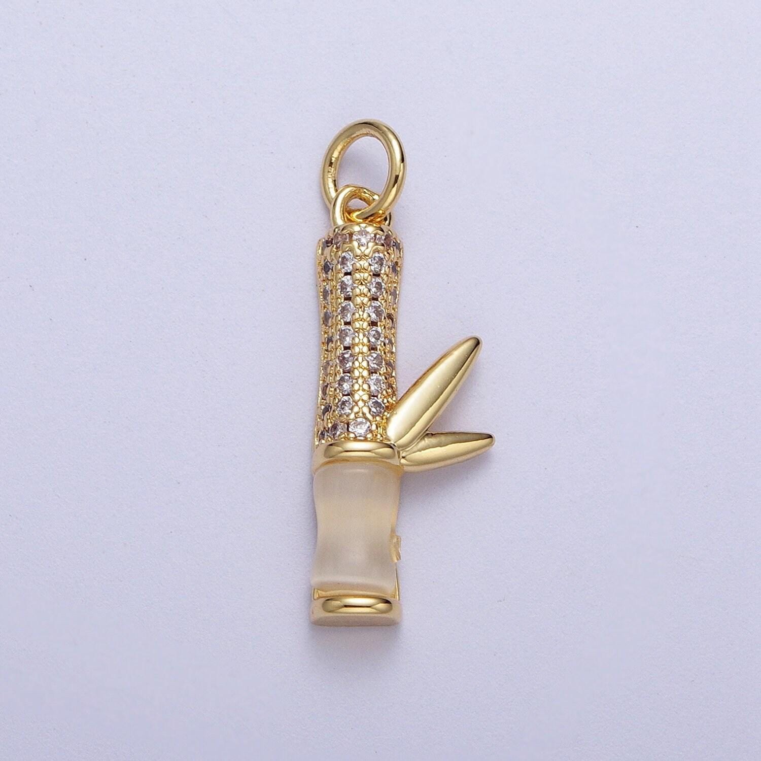Gold off white cat's eye bamboo pendant, 14k gold plated micro paved cz bamboo leaf natural cat's eye gemstone charm | c-444, c-521