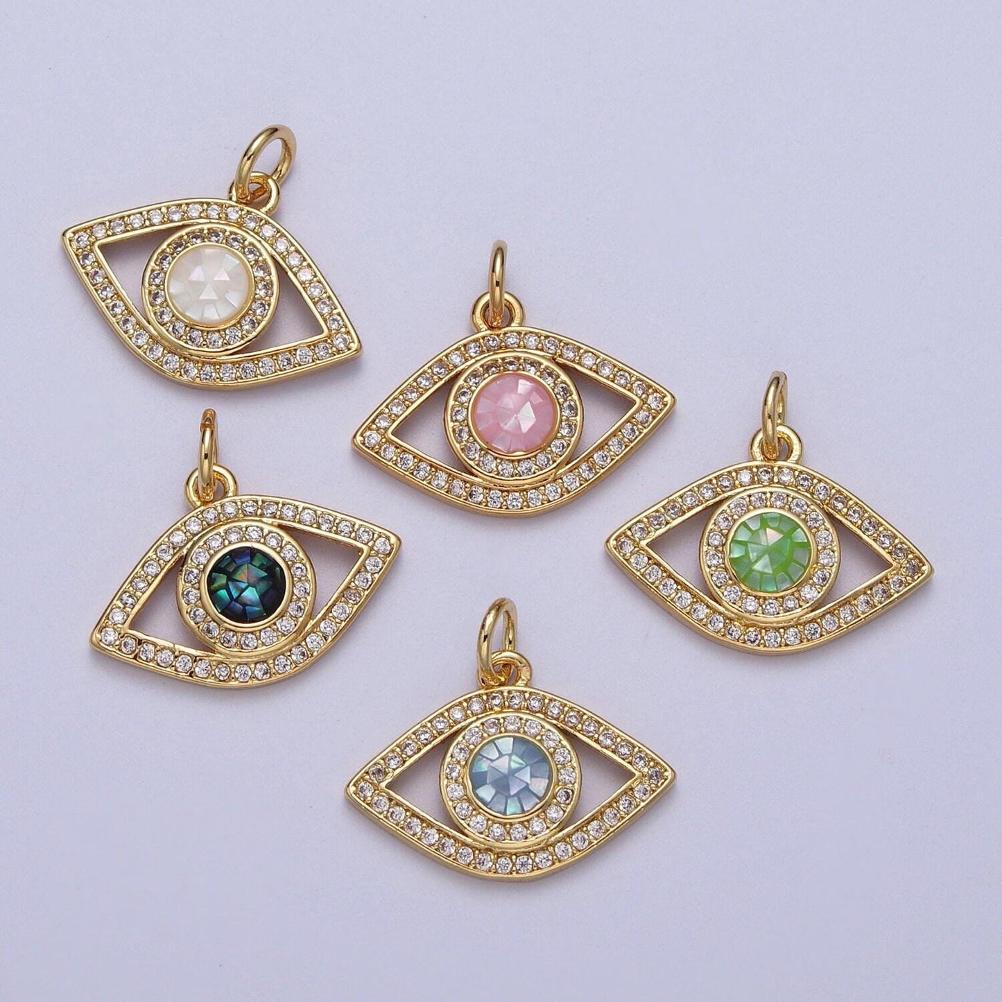 24k gold filled micro paved evil eye green, pink, black, blue shell opal charm cubic eye charm for minimalist jewelry c316