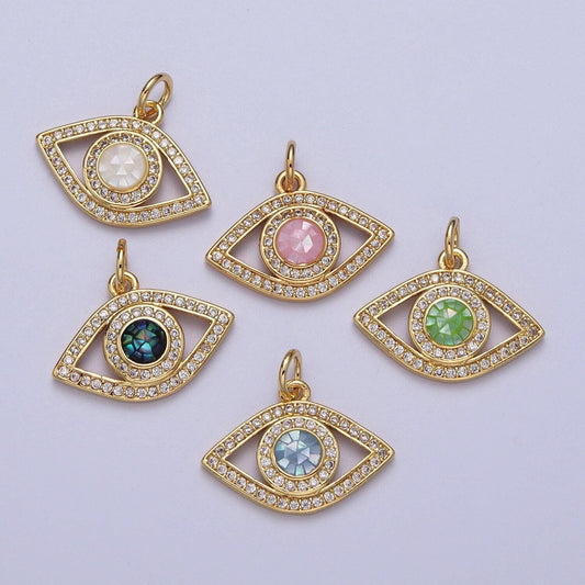 24k gold filled micro paved evil eye green, pink, black, blue shell opal charm cubic eye charm for minimalist jewelry c316