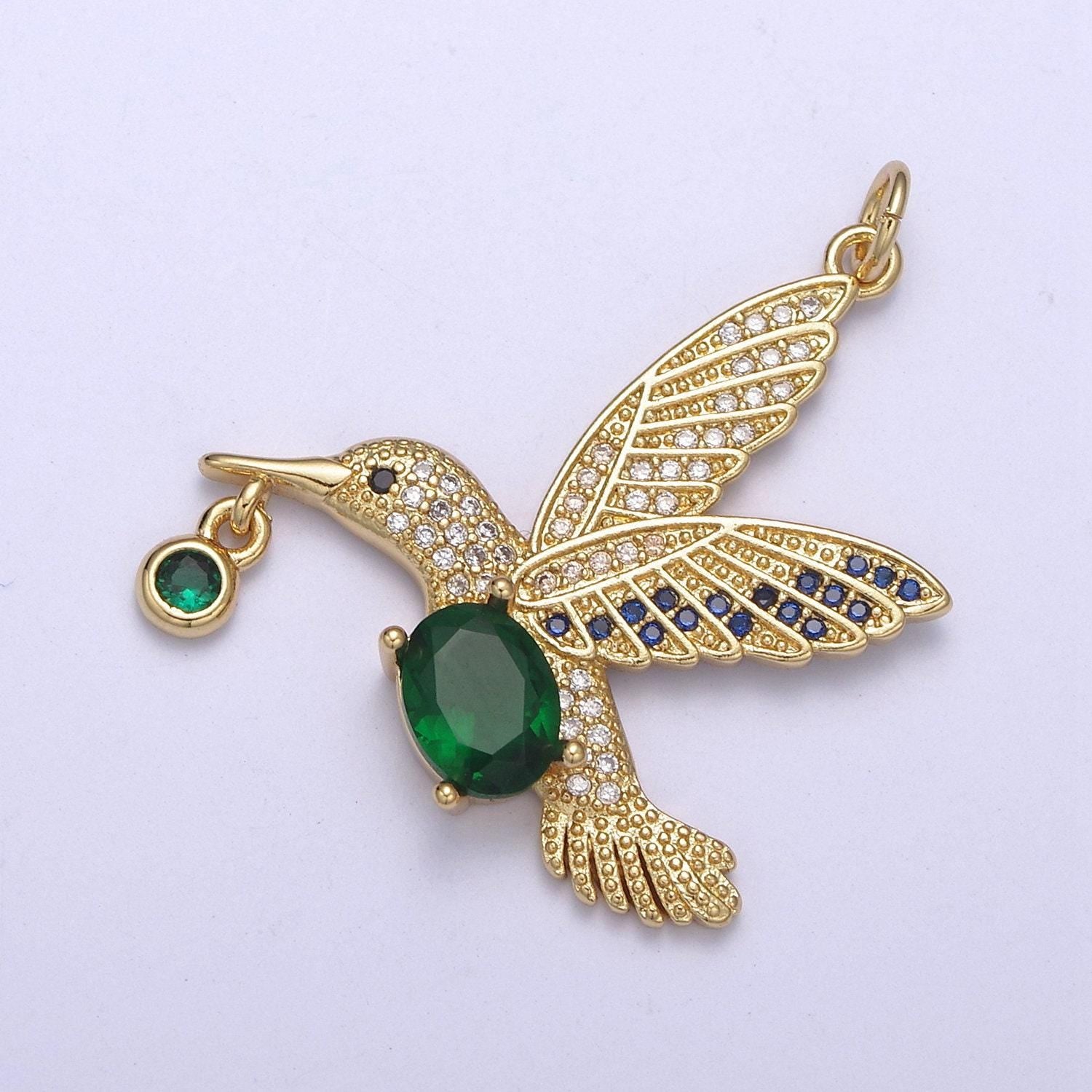 Gold hummingbird charm 24k gold filled humming bird pendant 36mmx28.1mm gold green cz animal jewelry