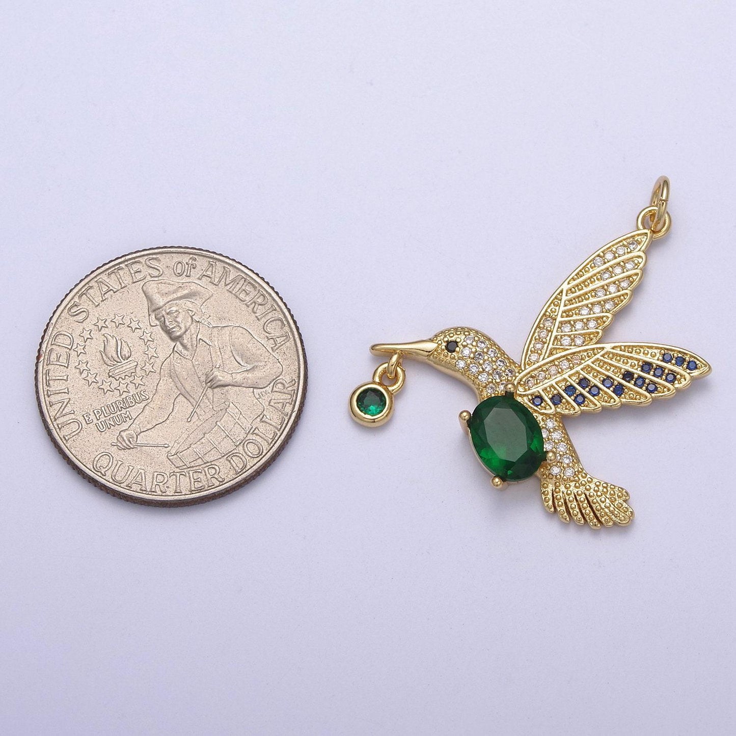 Gold hummingbird charm 24k gold filled humming bird pendant 36mmx28.1mm gold green cz animal jewelry