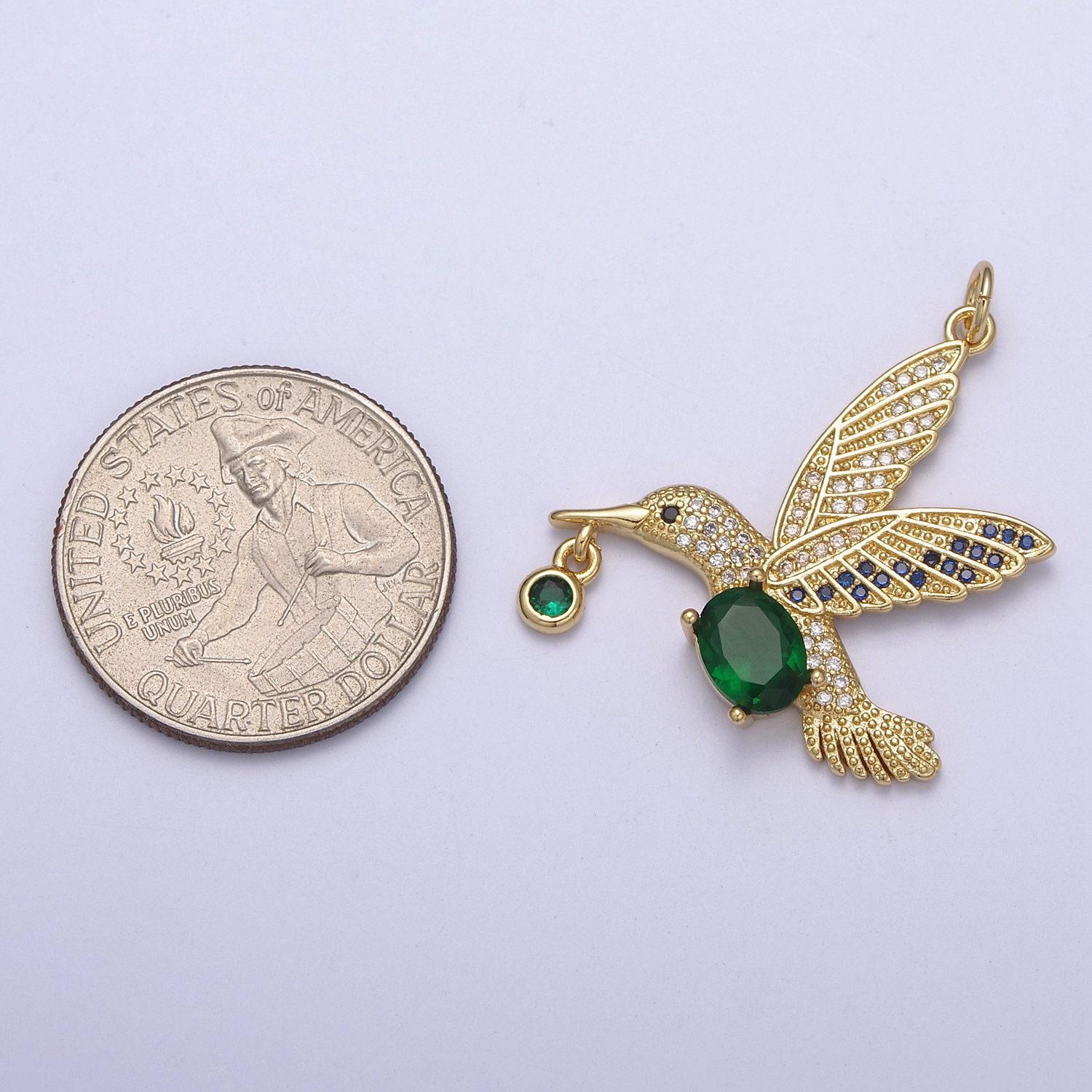 Gold hummingbird charm 24k gold filled humming bird pendant 36mmx28.1mm gold green cz animal jewelry