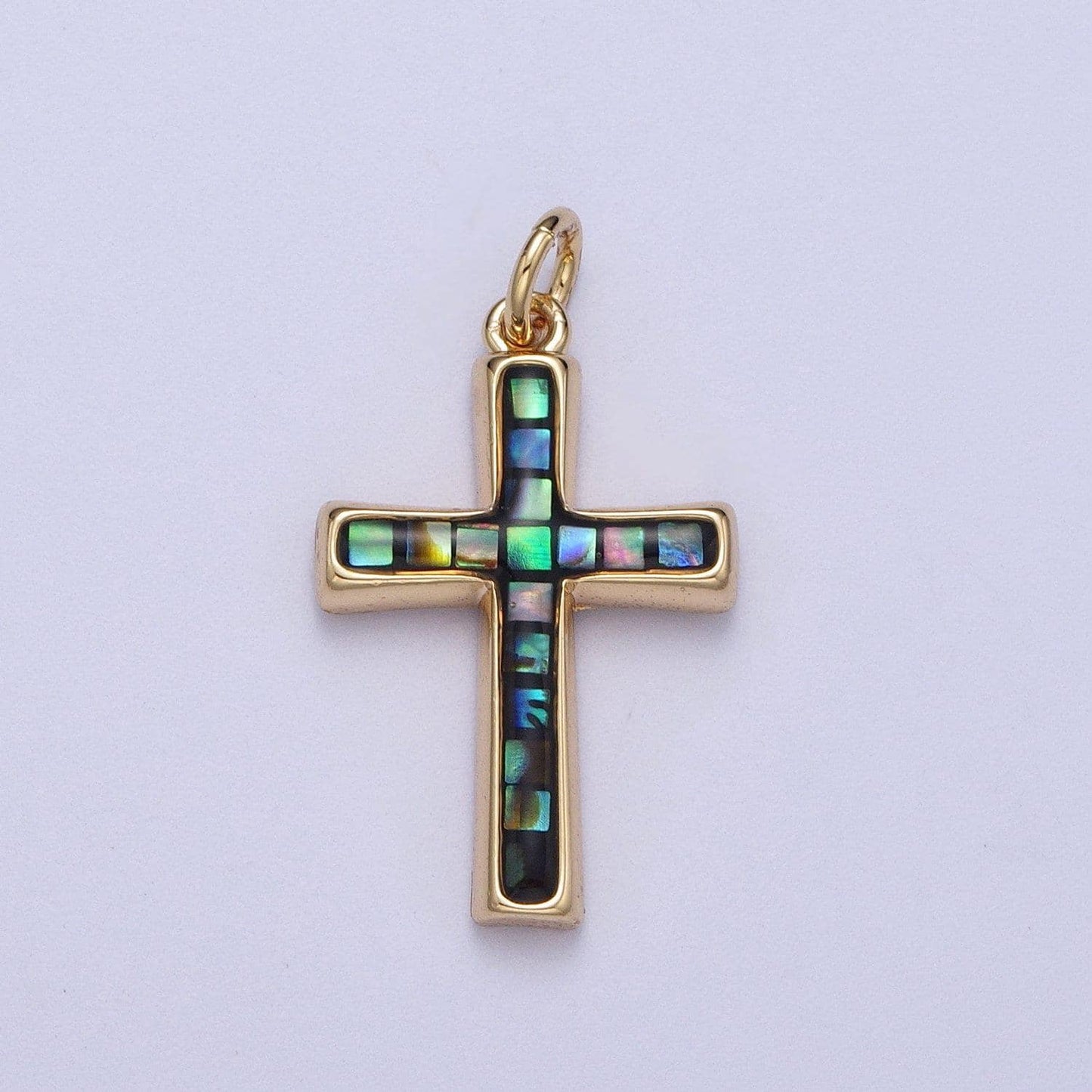 Dainty pink, abalone, blue opal religious cross pendant for christian catholic baptism, religious jewelry making supply in 14k gold filled