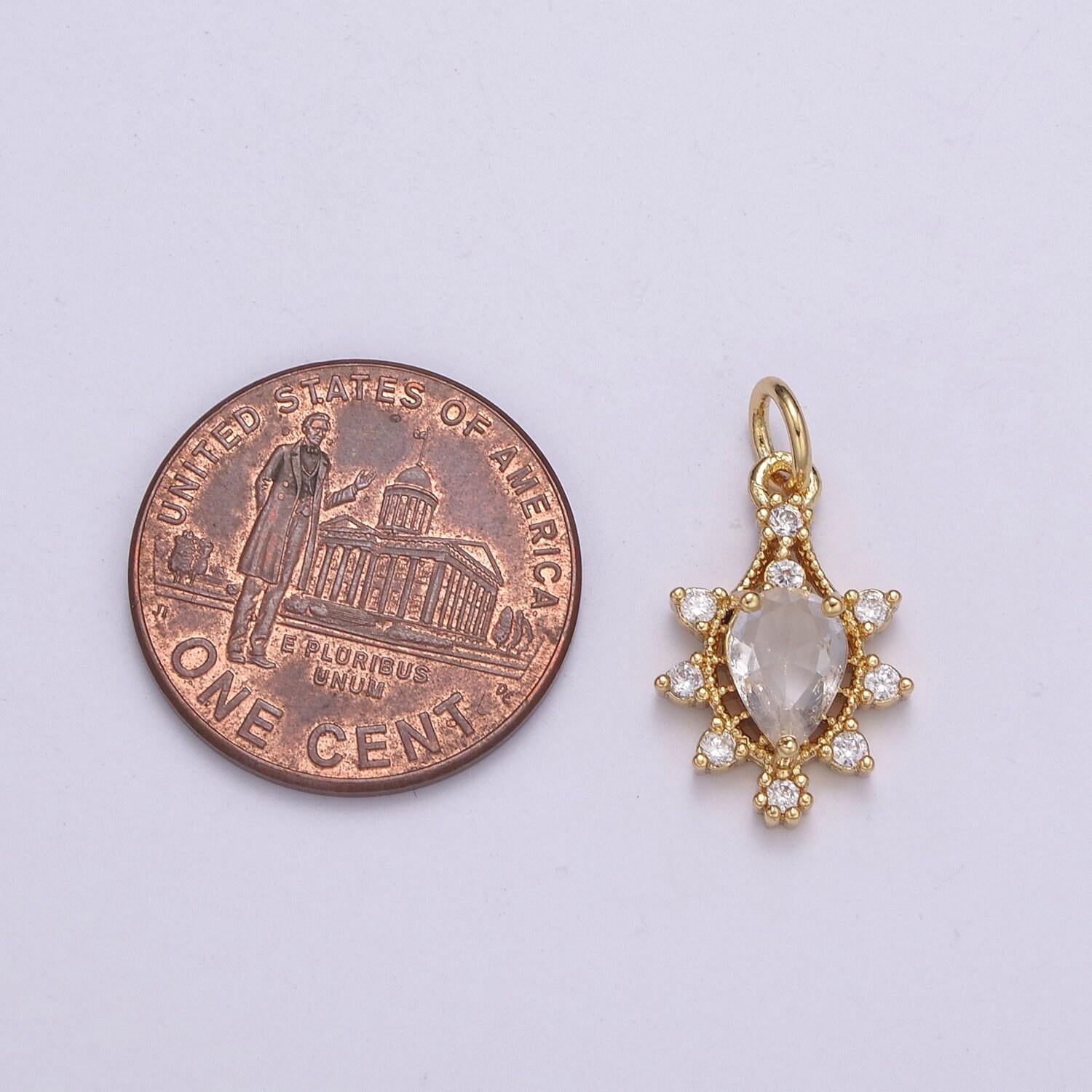Gold flower pear cut cz green solitaire cz charm, tear drop clear zirconia pendant, classic cubic pave for diy craft making. c-202