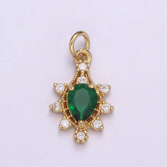 Gold flower teardrop cz green solitaire cz charm, pear cut green zirconia pendant, classic cubic pave for diy craft making. c-201