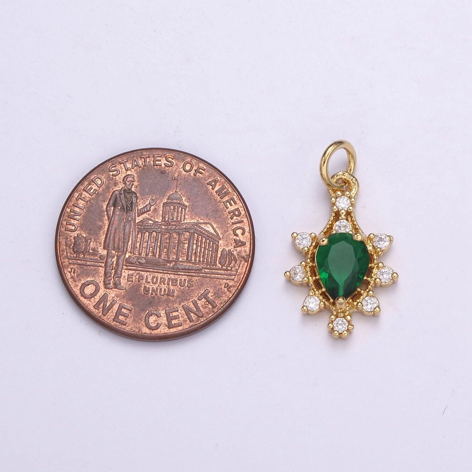 Gold flower teardrop cz green solitaire cz charm, pear cut green zirconia pendant, classic cubic pave for diy craft making. c-201
