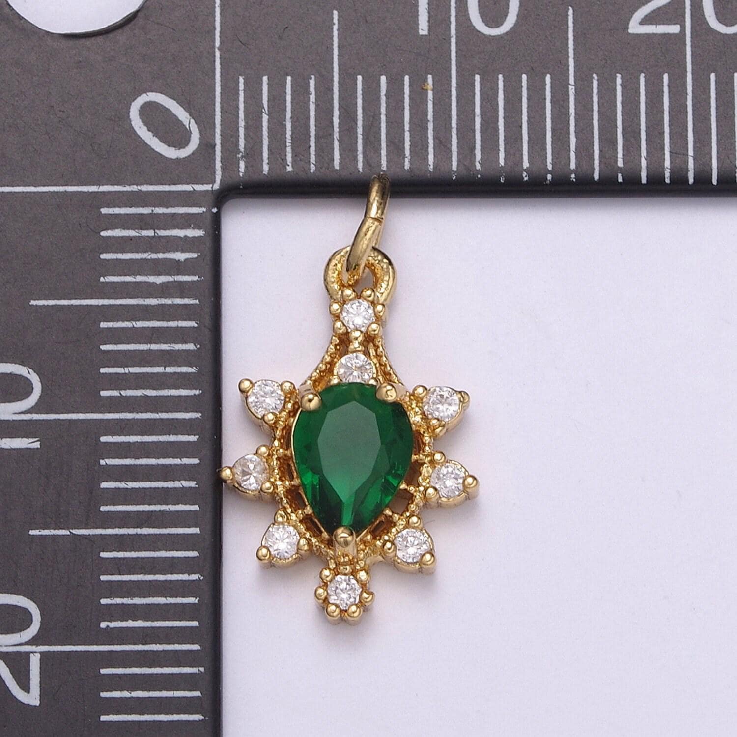 Gold flower teardrop cz green solitaire cz charm, pear cut green zirconia pendant, classic cubic pave for diy craft making. c-201