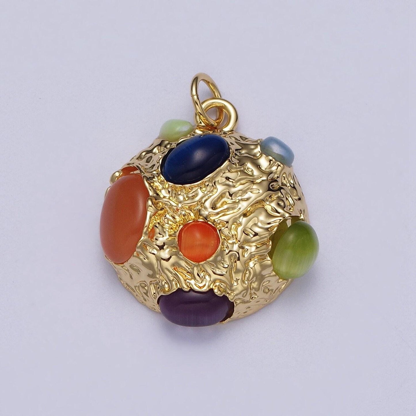 Gold abstract textured pendant, 24k gold plated rustic round ball cabochon cat's eye gemstones abstract charm | c111
