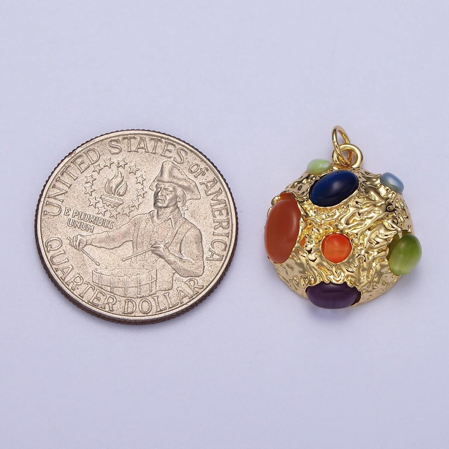 Gold abstract textured pendant, 24k gold plated rustic round ball cabochon cat's eye gemstones abstract charm | c111