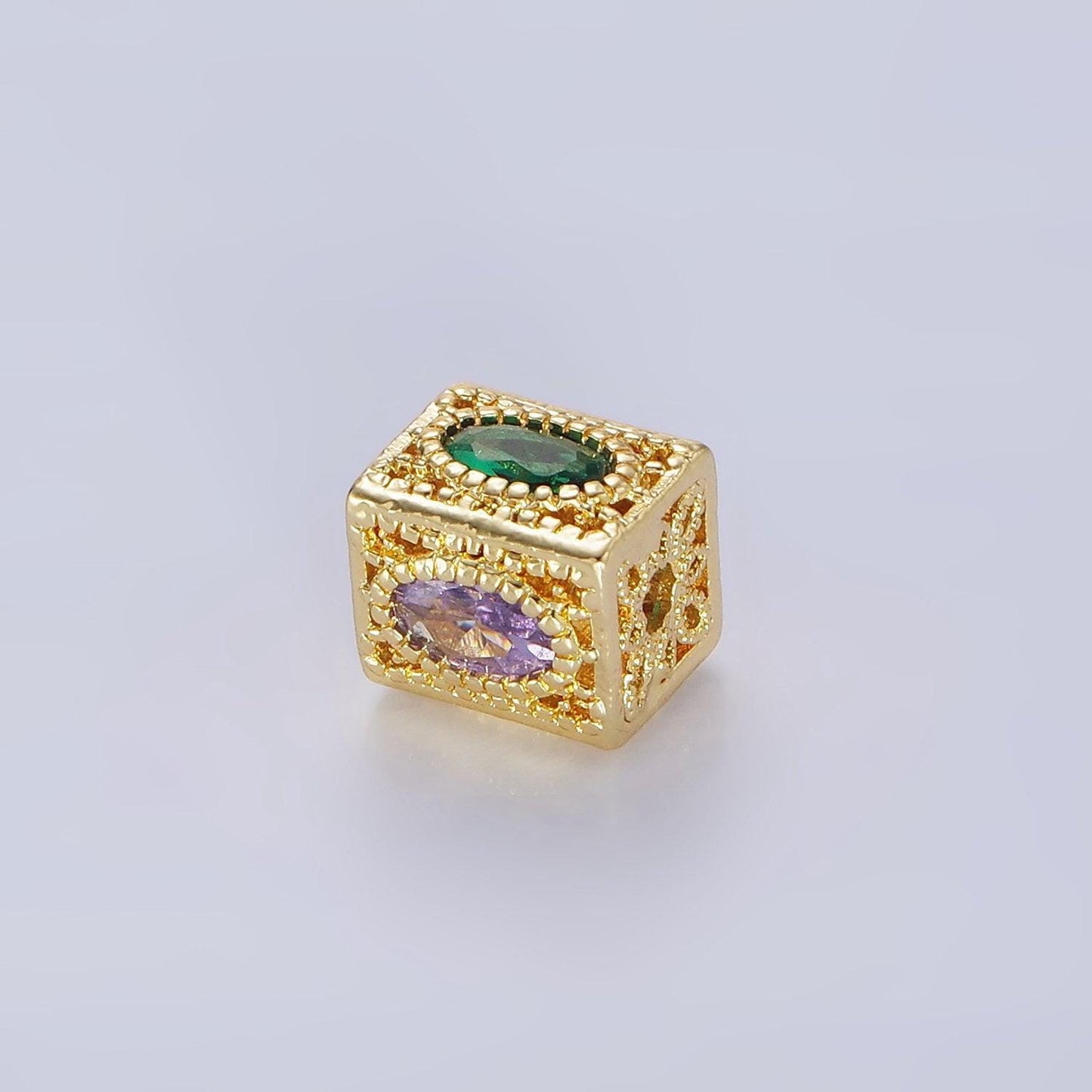 14k gold filled multicolor oval cz flower filigree rectangular bead | b-883