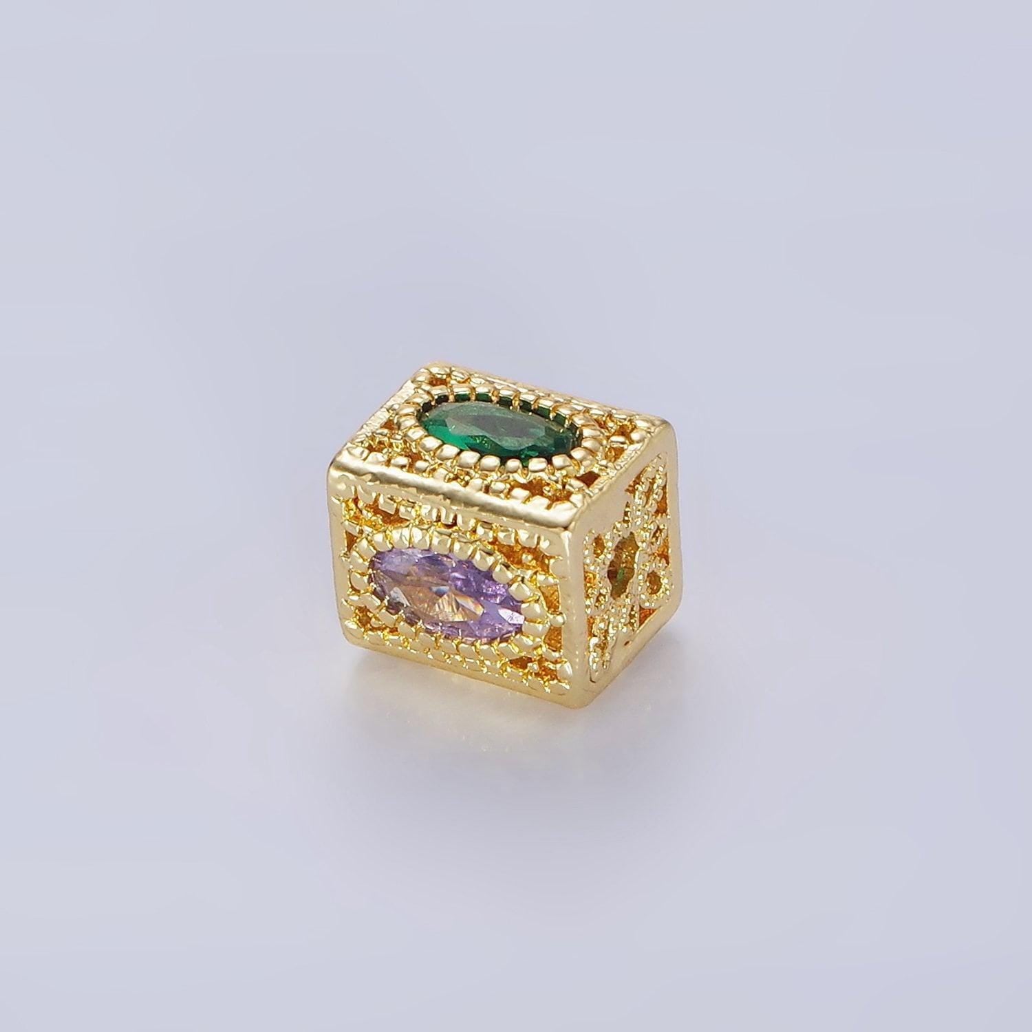 14k gold filled multicolor oval cz flower filigree rectangular bead | b-883