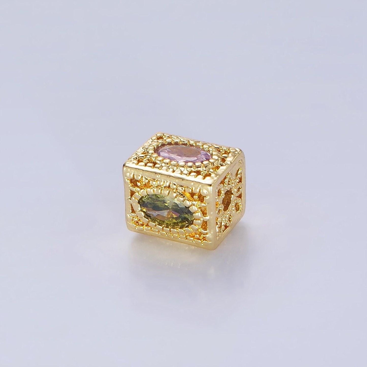 14k gold filled multicolor oval cz flower filigree rectangular bead | b-883