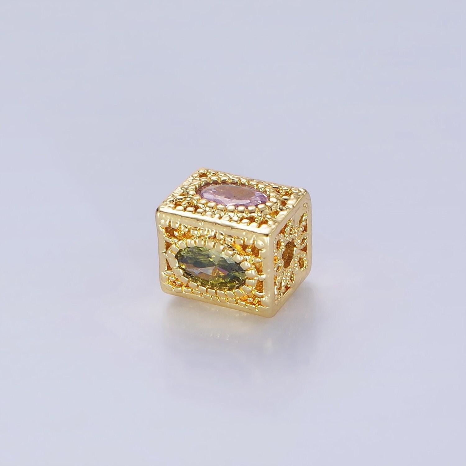 14k gold filled multicolor oval cz flower filigree rectangular bead | b-883