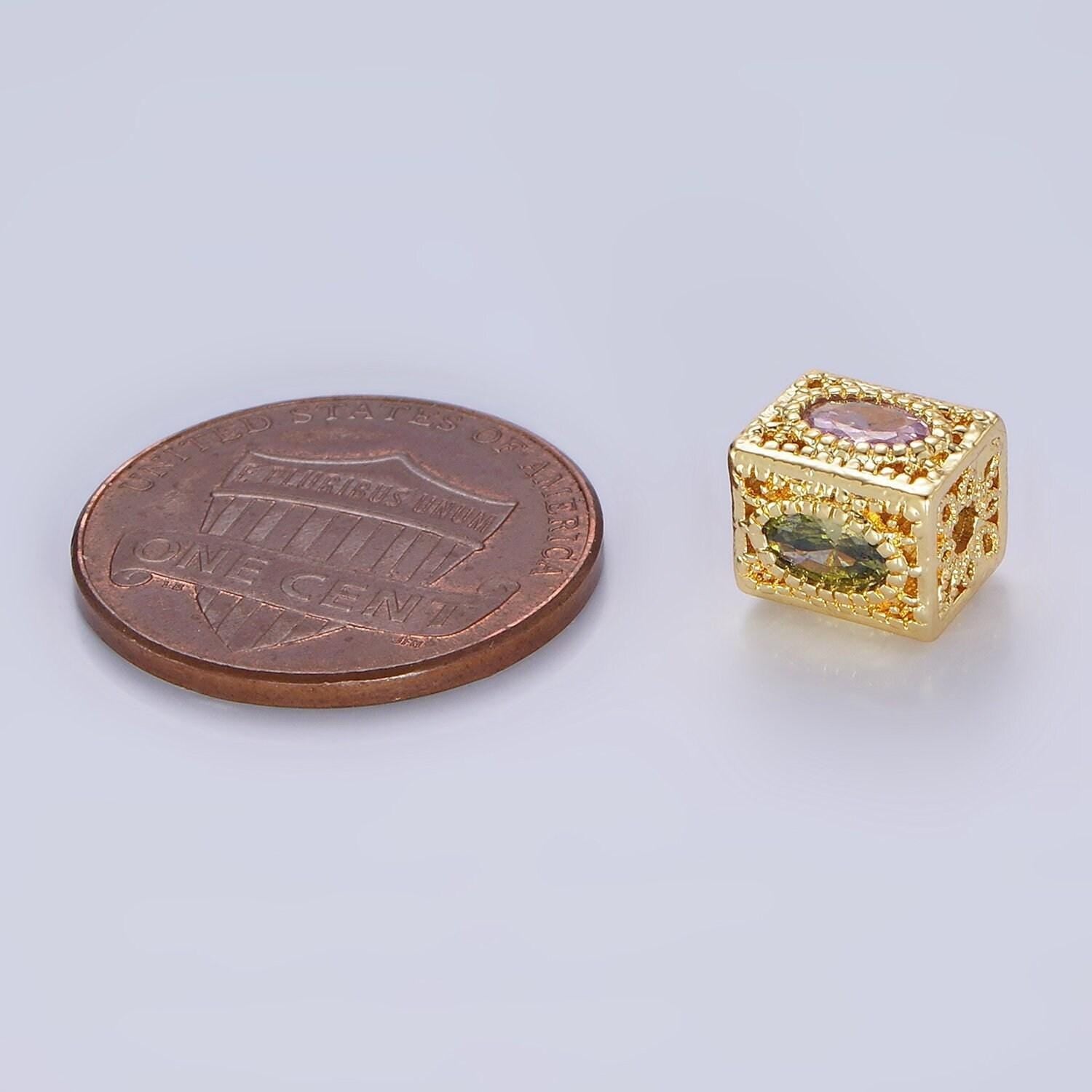 14k gold filled multicolor oval cz flower filigree rectangular bead | b-883