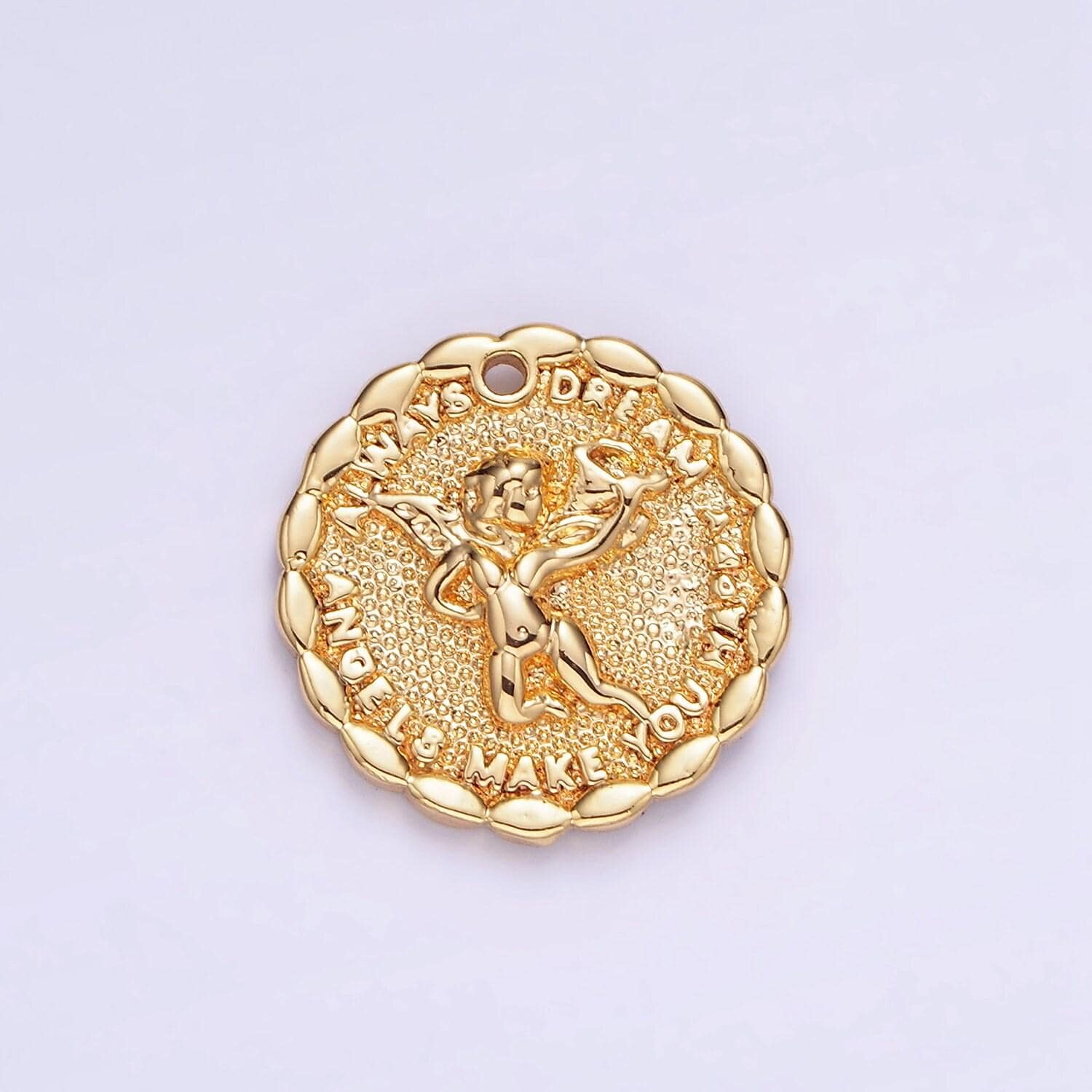 Gold angel charms 14k gold filled angel coin pendant angel make your dream happy always b-881