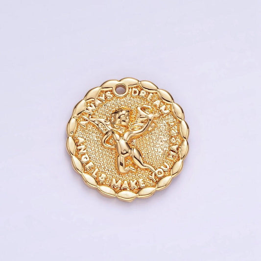 Gold angel charms 14k gold filled angel coin pendant angel make your dream happy always b-881