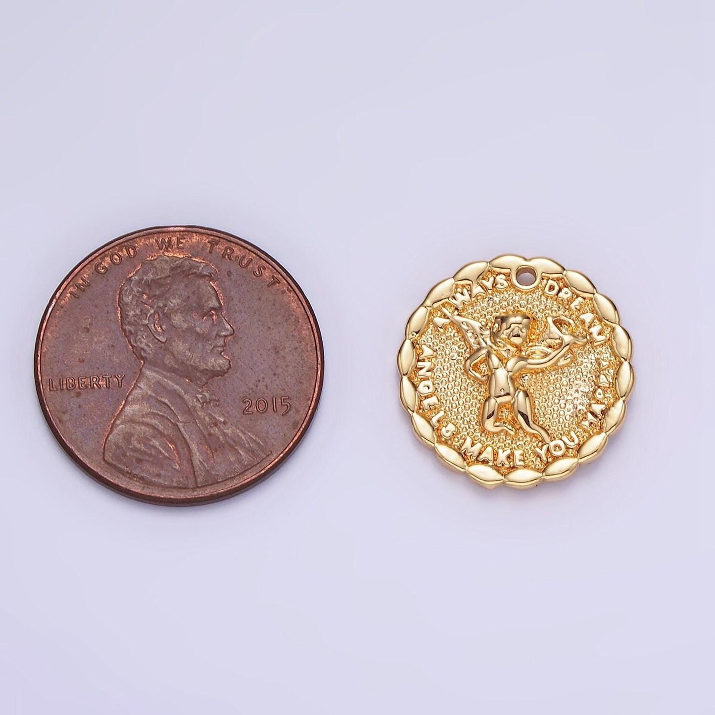 Gold angel charms 14k gold filled angel coin pendant angel make your dream happy always b-881