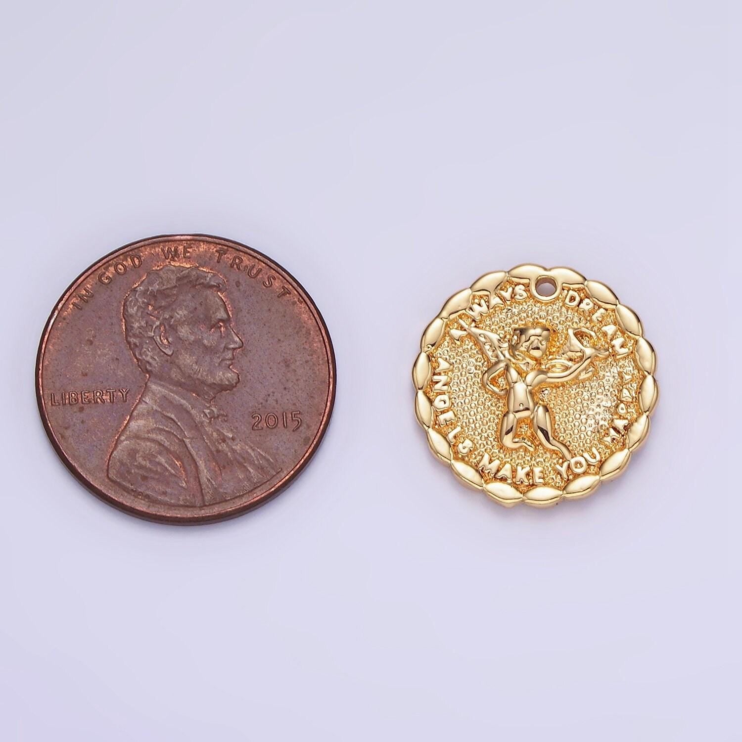 Gold angel charms 14k gold filled angel coin pendant angel make your dream happy always b-881