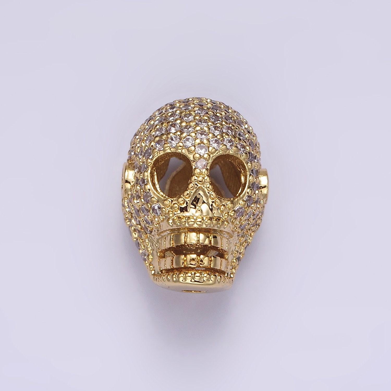 14k gold filled 16mm clear micro paved cz skeleton skull mask bead in gold & silver | b849 b850
