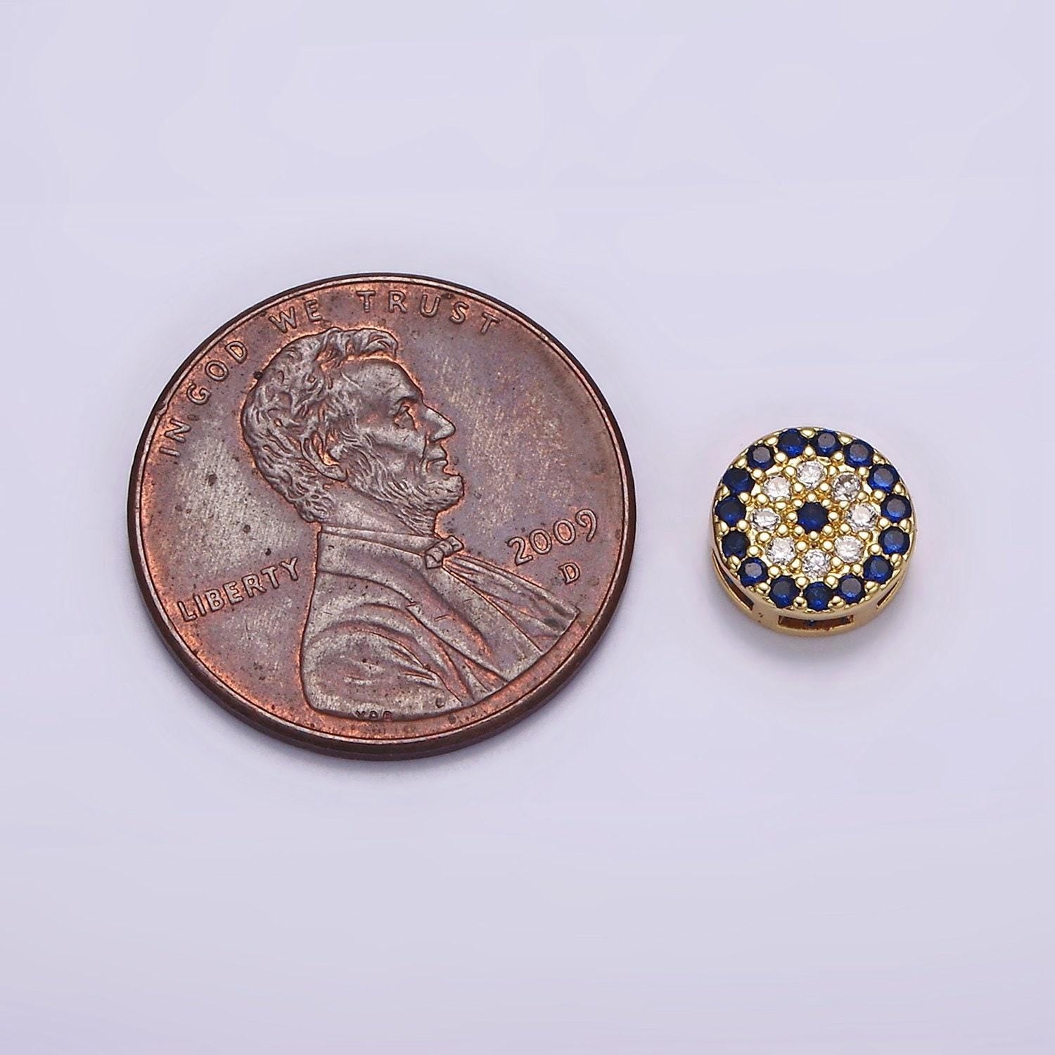 Cubic gold evil eye bead spacer, 24k gold filled dark blue clear cz target bead spacer | b-840