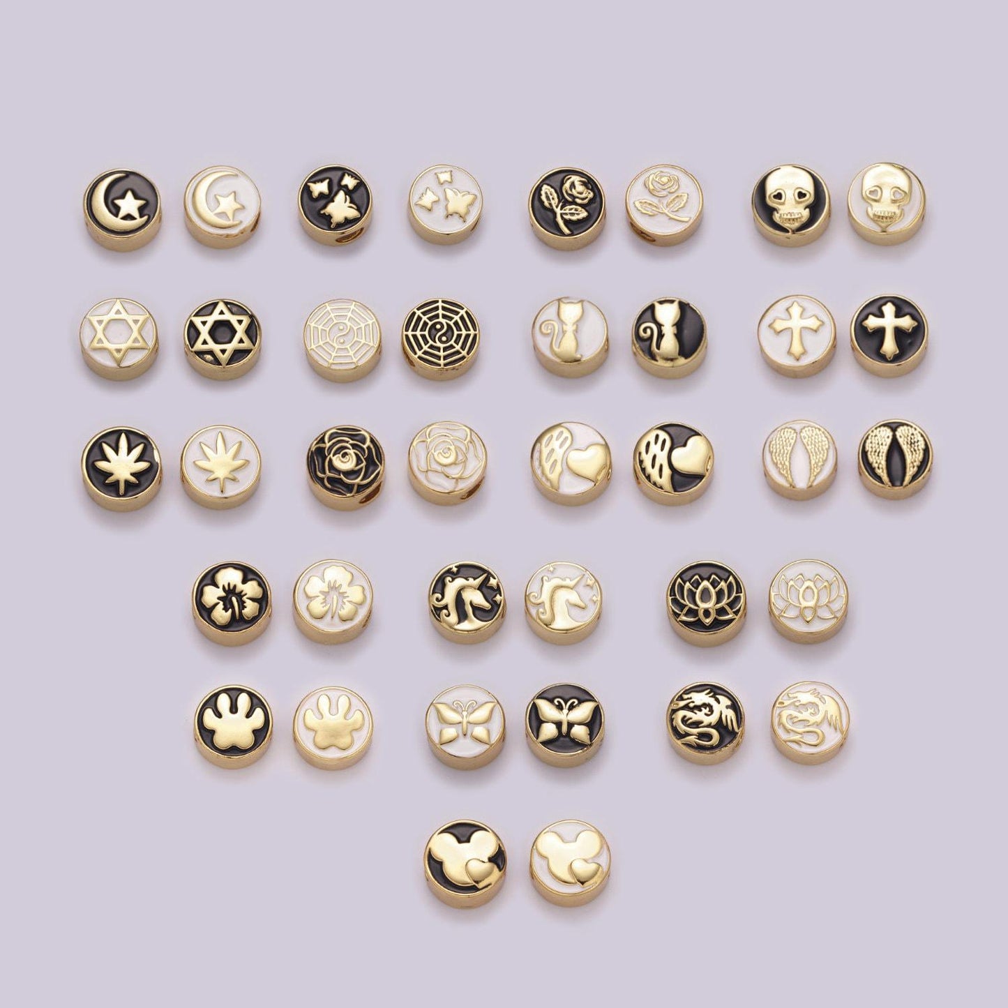 12mm enamel round bead moon star design bead black white gold cute spacer bead bracelet supply cross lotus weed skull yin yang charm