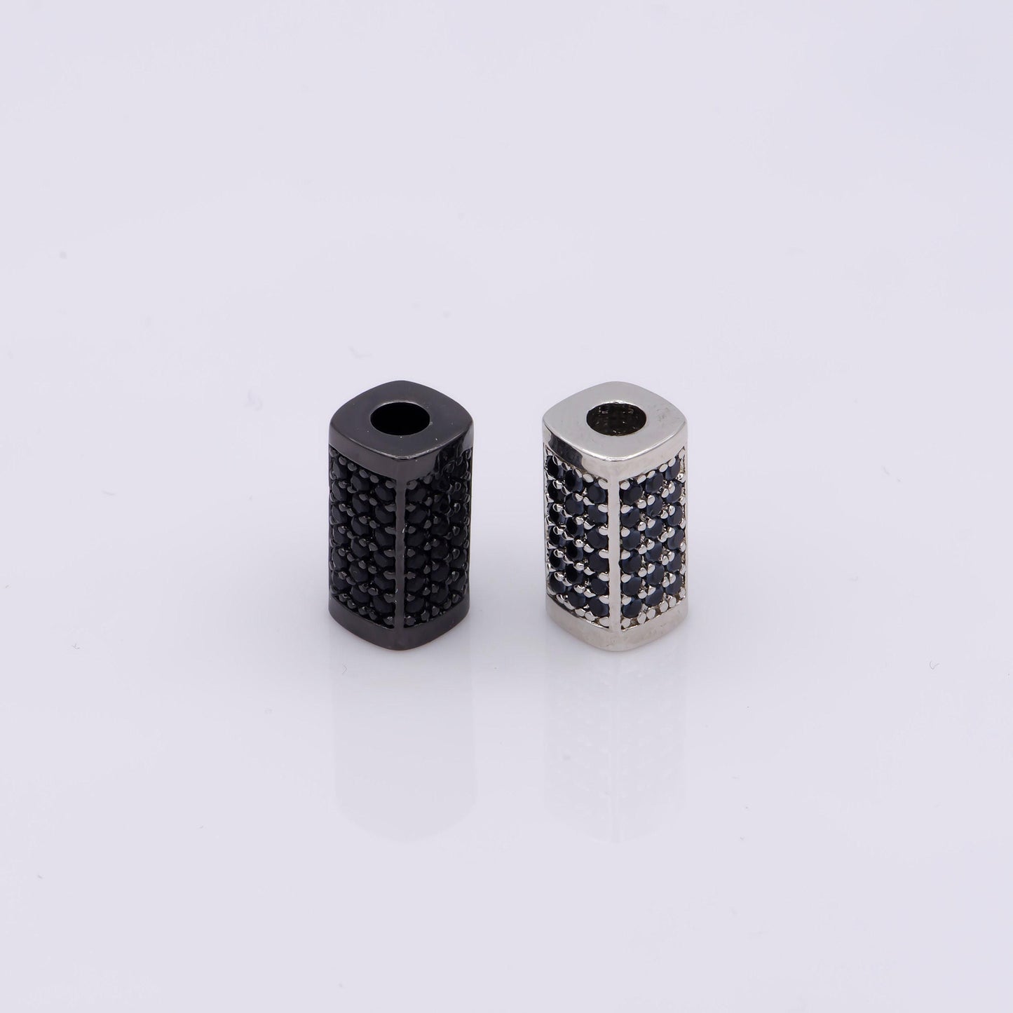 1x black cz pave on black large hole hexagon tube spacer beads, cubic zirconia silver tube space beads, men's jewelry findings