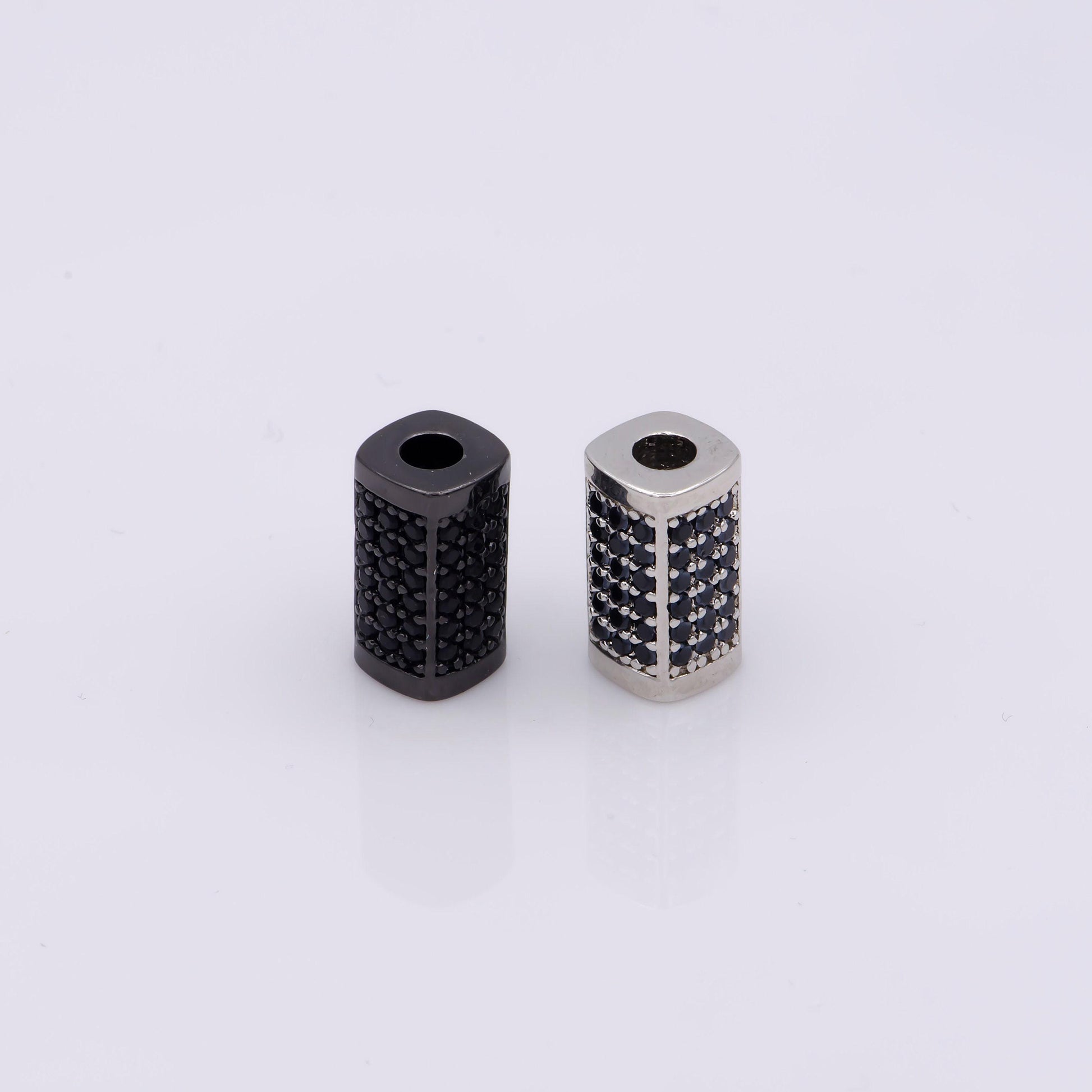 1x black cz pave on black large hole hexagon tube spacer beads, cubic zirconia silver tube space beads, men's jewelry findings