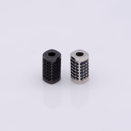 1x black cz pave on black large hole hexagon tube spacer beads, cubic zirconia silver tube space beads, men's jewelry findings