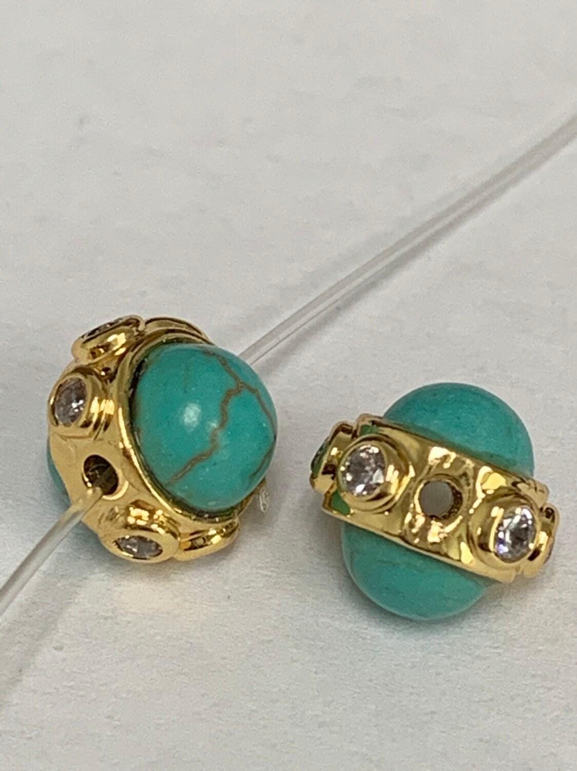 1pc gold micro pave turquoise spacer beads, for diy jewelry making european charms beaded bracelet, bead size 7x7mm hole 4mm