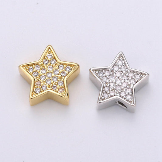 Micro pave star beads - 10mm dainty star charm beautiful bright twinkle gold star beads for bracelet earring supply b- 302