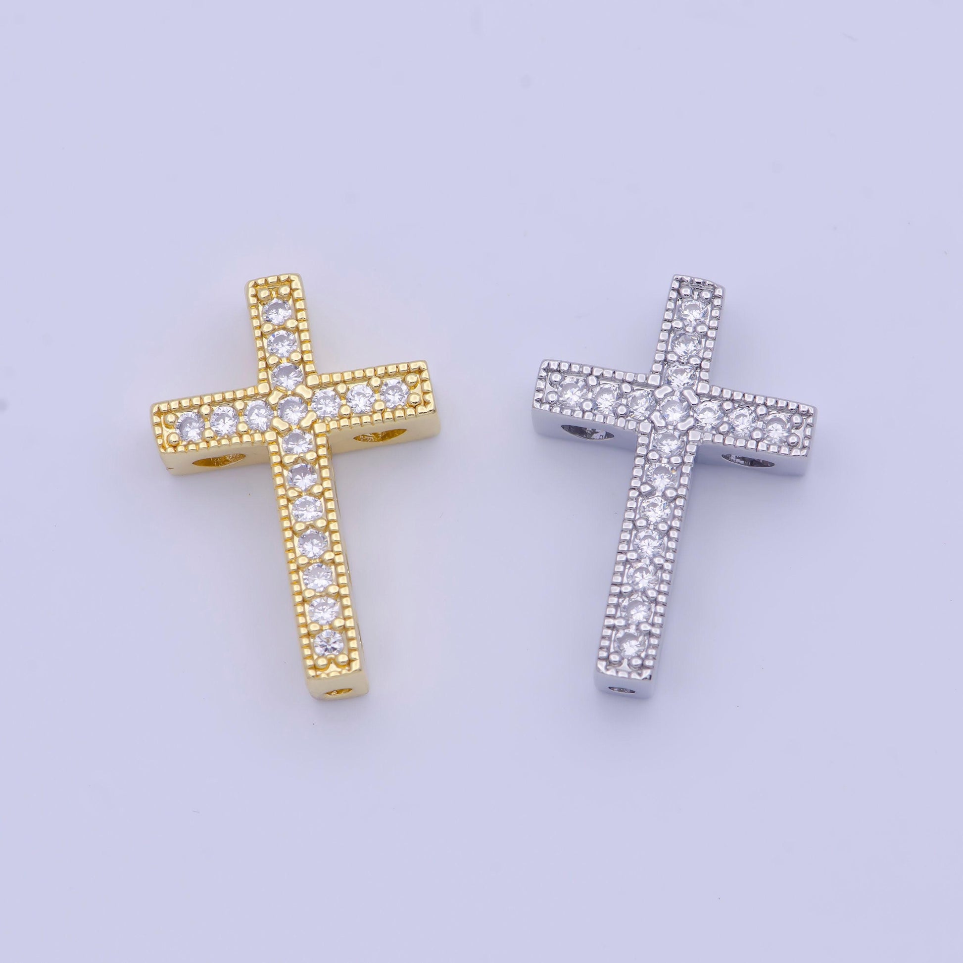 Bold gold & silver cz cross bead pendant, 24k/white gold filled clear micro paved square cut cz religious cross beads | b-164
