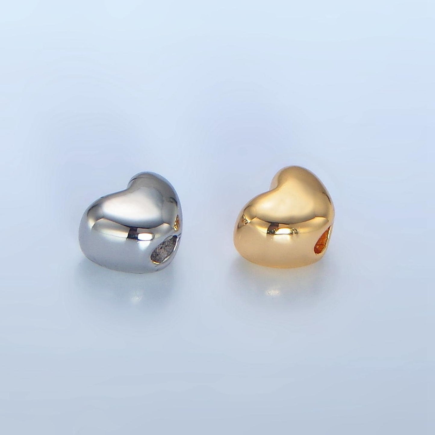 Minimalist chubby heart 24k gold filled bead spacer in gold & silver top bottom hole drill beads | b-063