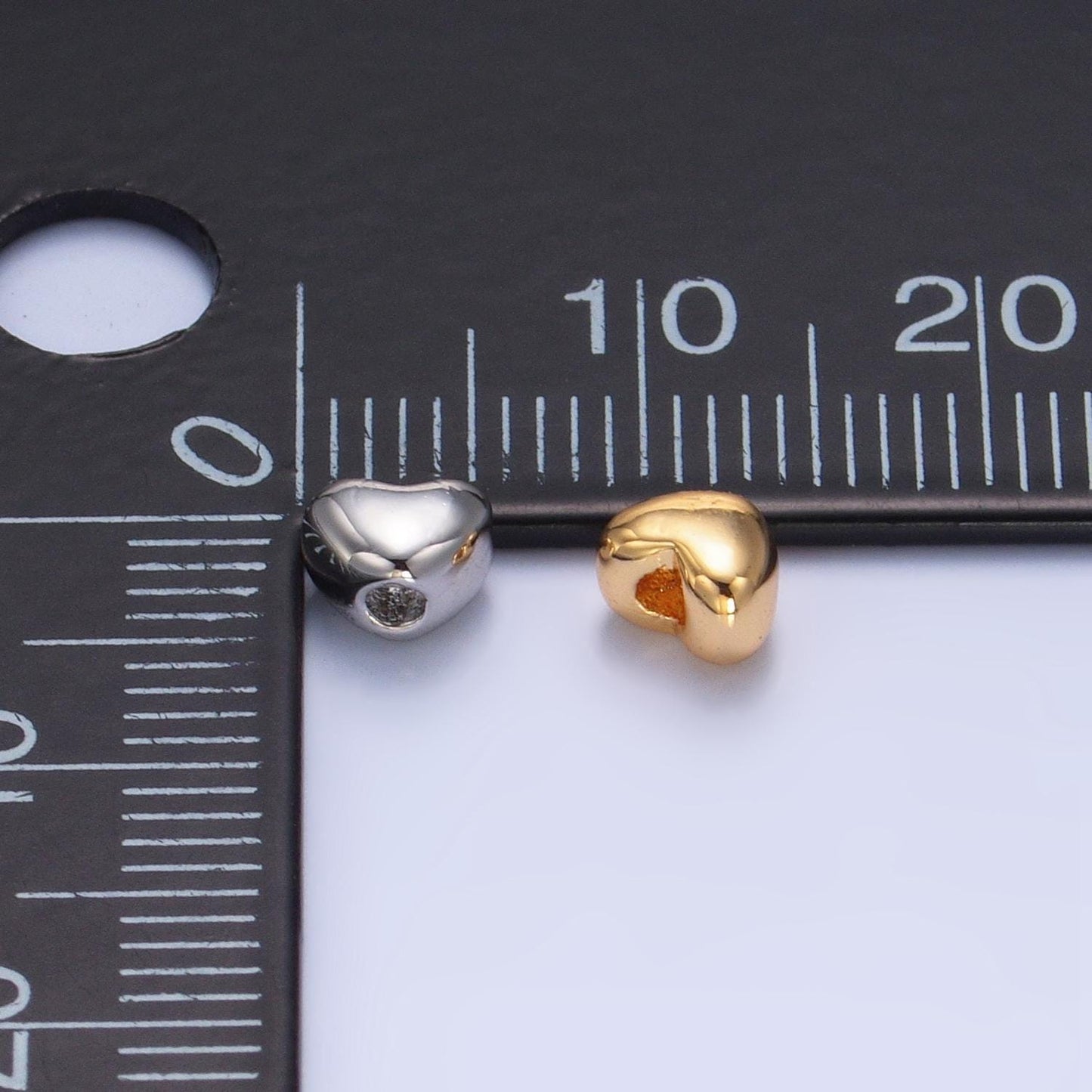 Minimalist chubby heart 24k gold filled bead spacer in gold & silver top bottom hole drill beads | b-063