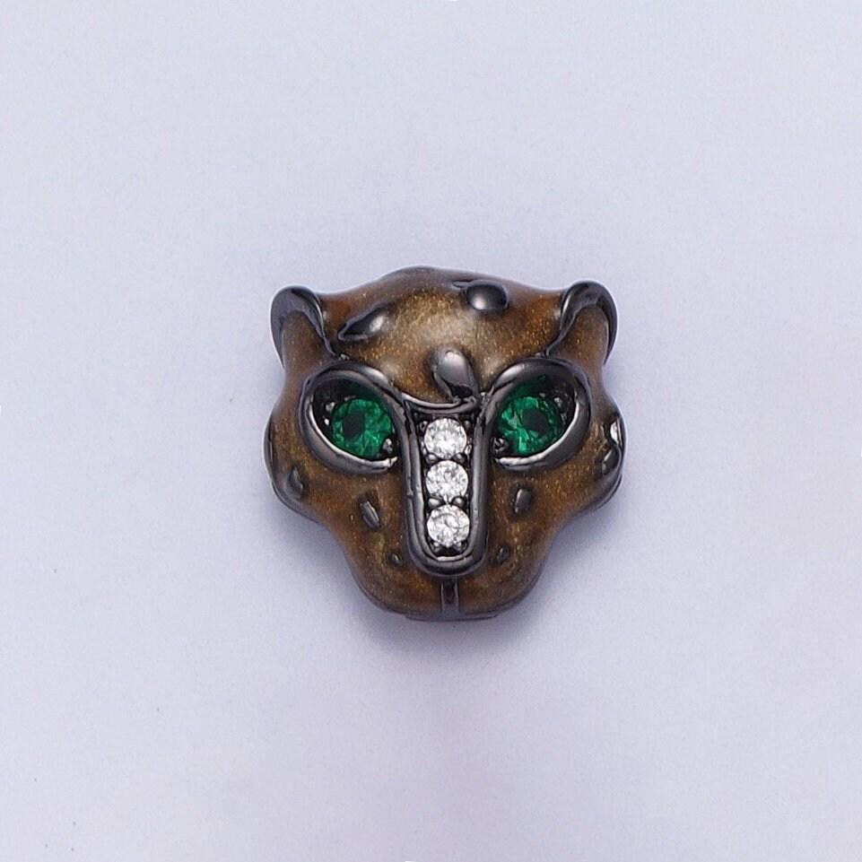 Black jaguar head bead spacer, gold filled clear micro pave cz emerald green eyes black jaguar panther head bead b-010, b-013, b-005, b-046