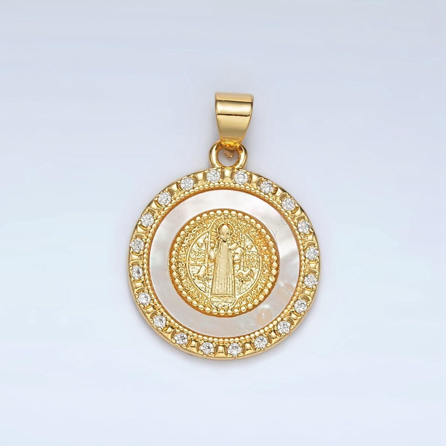 Gold filled st. saint benedict shell pearl cz paved round pendant | ah-184