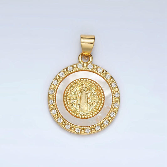 Gold filled st. saint benedict shell pearl cz paved round pendant | ah-184