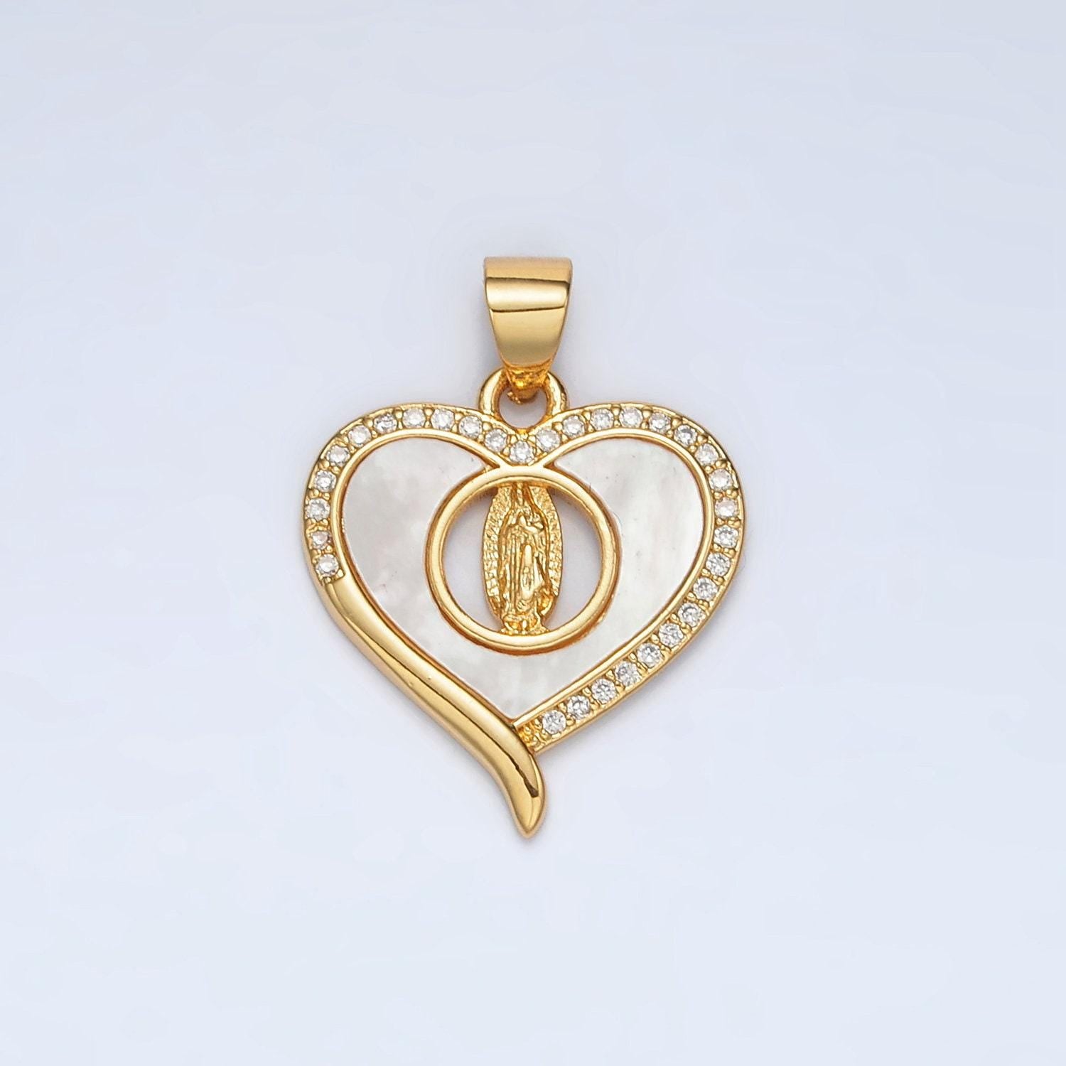 24k gold filled guadalupe shell pearl cz paved heart pendant | ah-182